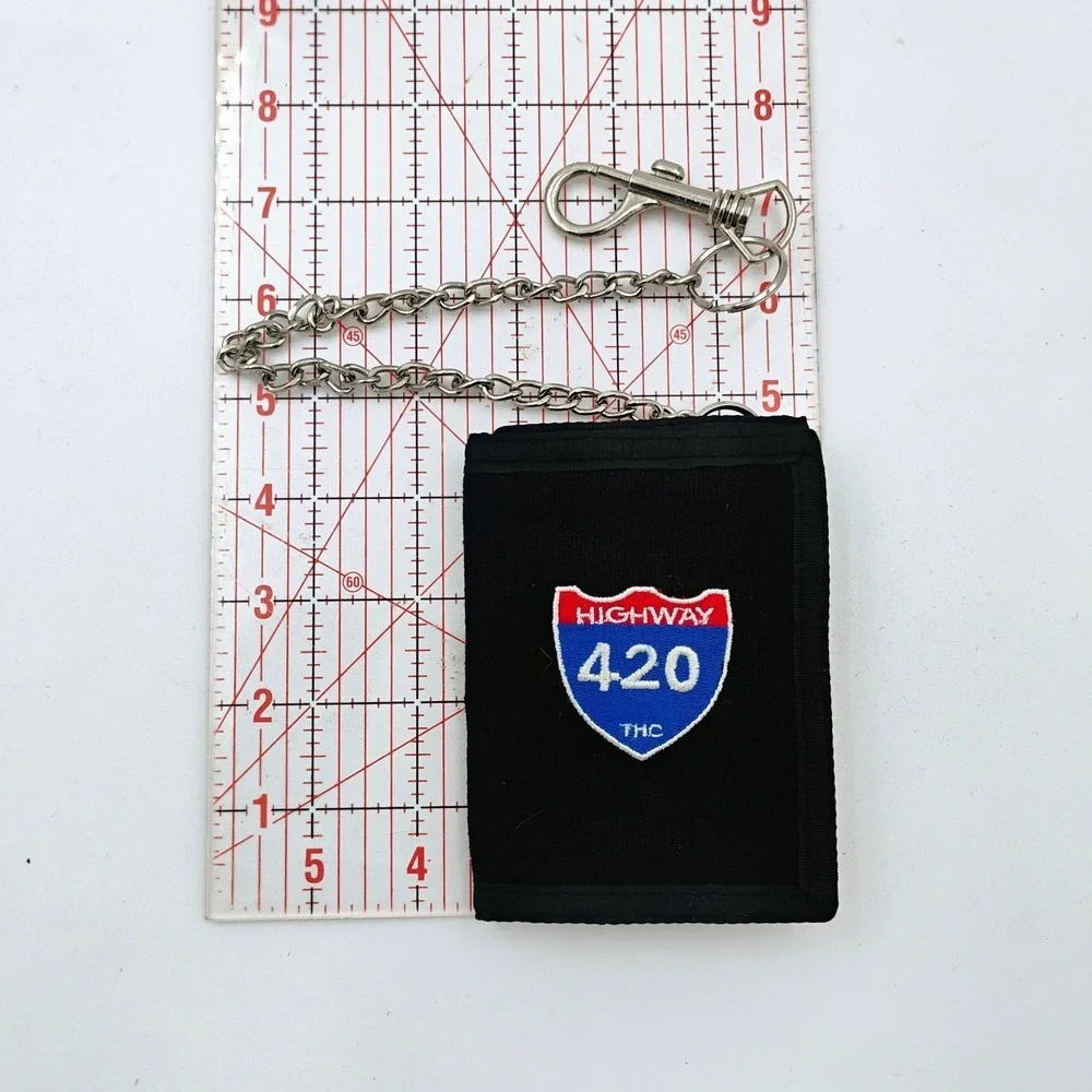 THC Clothing Highway 420 Embroidered Black Trifold Chain Wallet Retro VTG 1990's